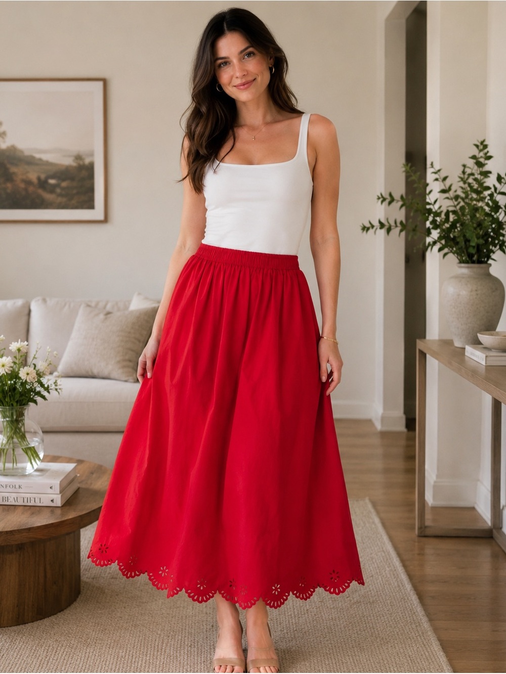 Sheridan French Red Eyelet Midi Skirt